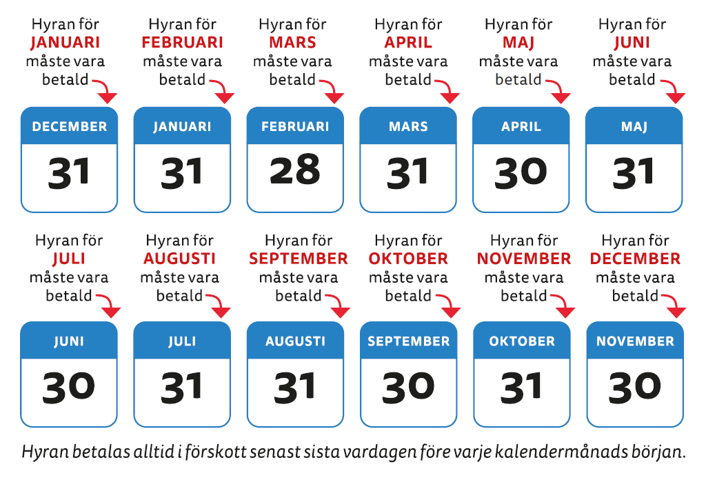 en kalender som visar när hyran ska betalas